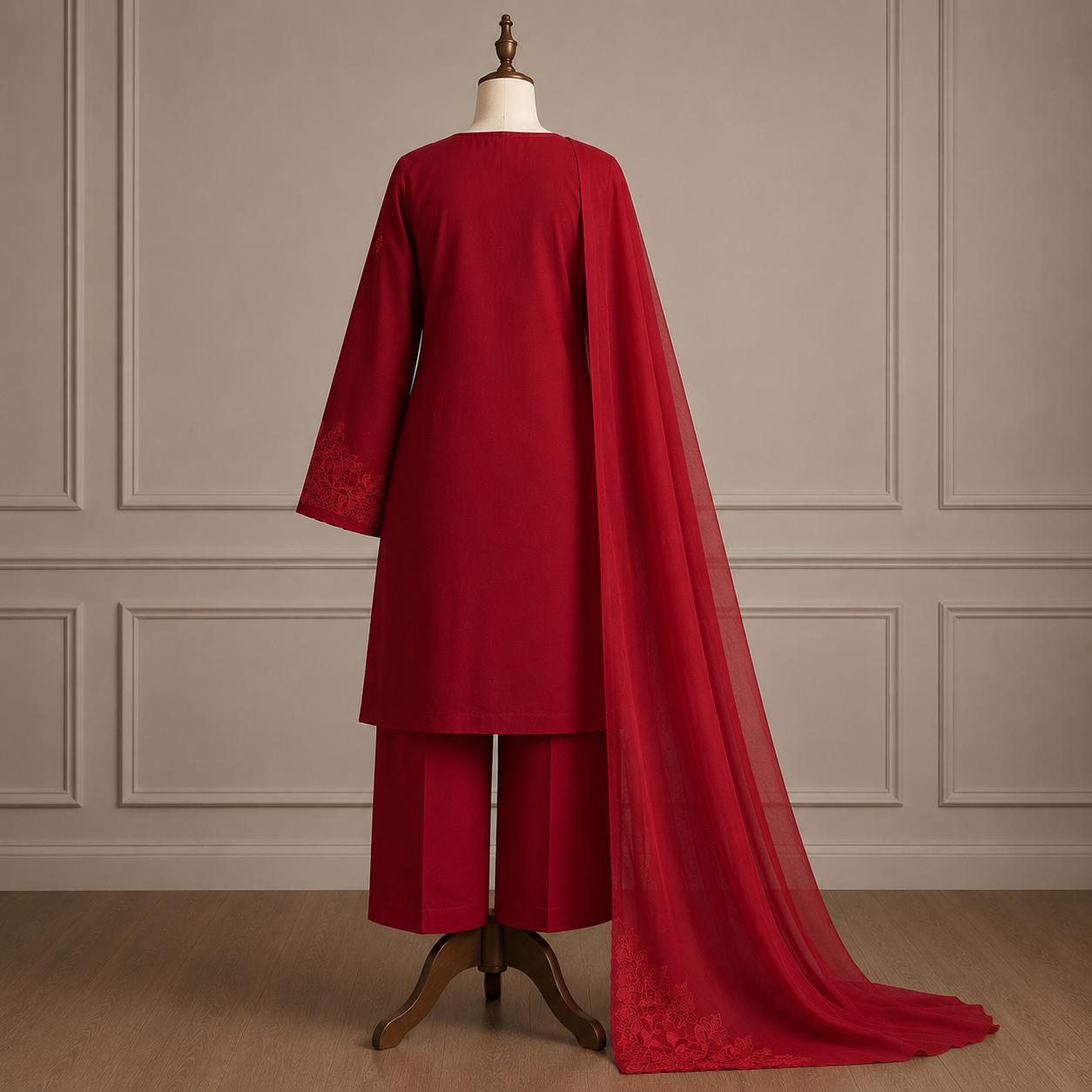 Dilkash — Crimson Monochrome Embroidered Suit