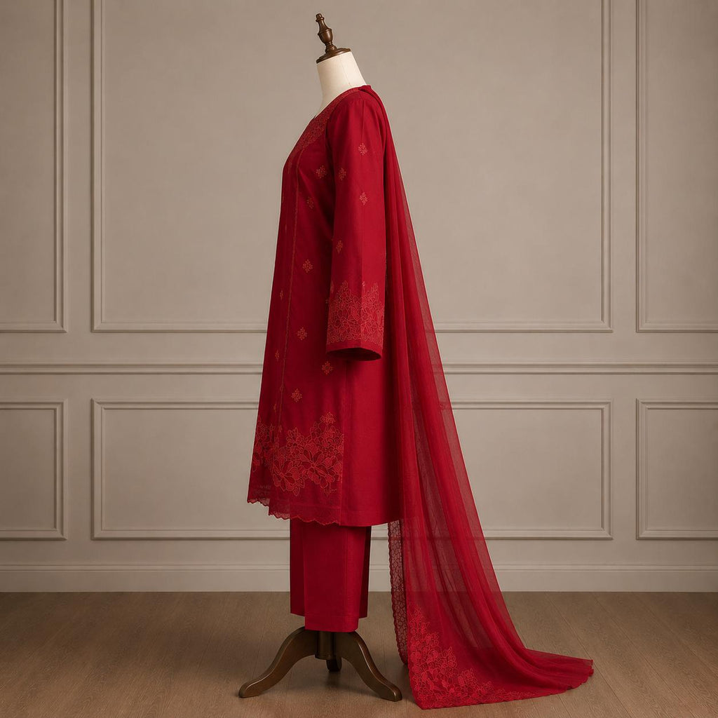 Dilkash — Crimson Monochrome Embroidered Suit