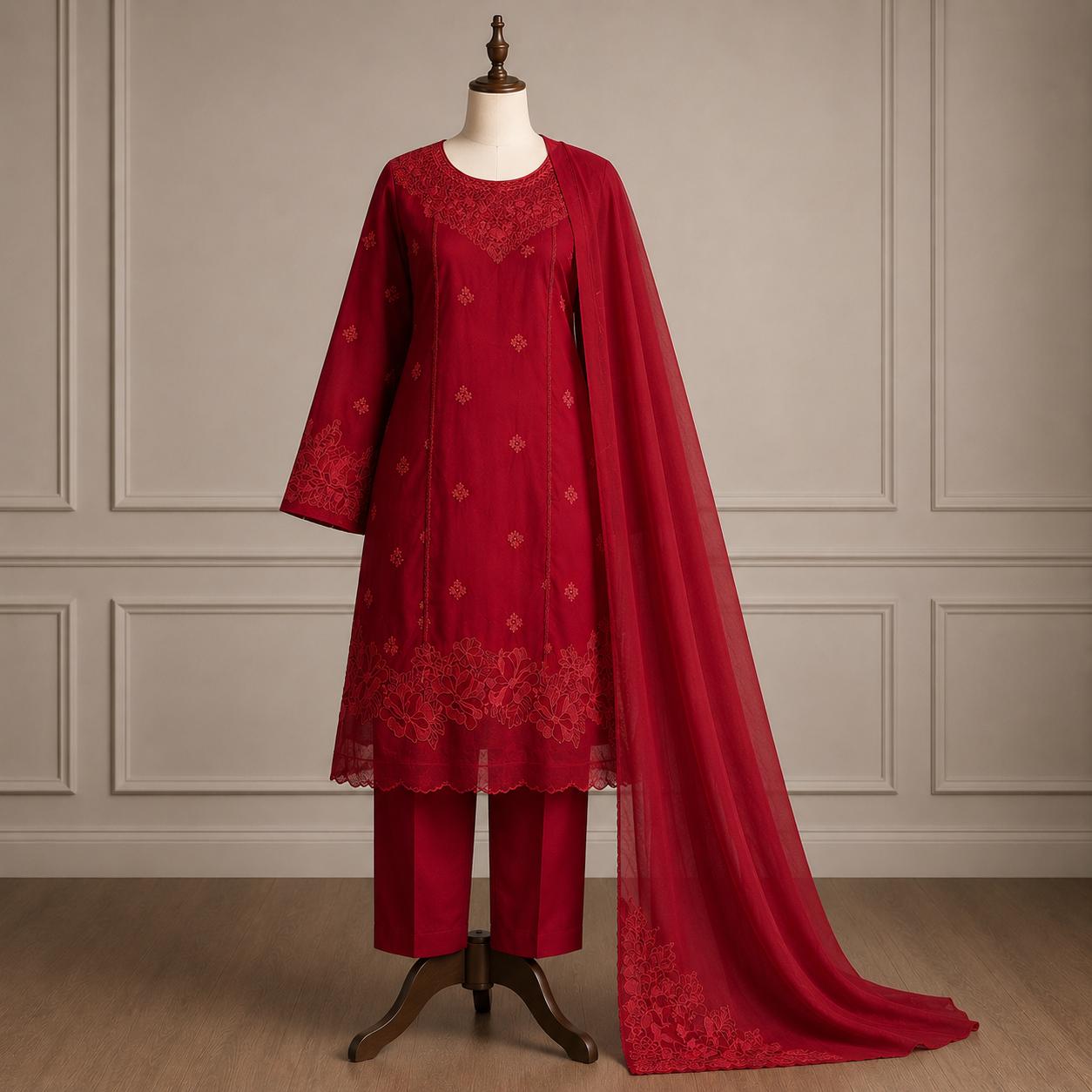 Dilkash — Crimson Monochrome Embroidered Suit