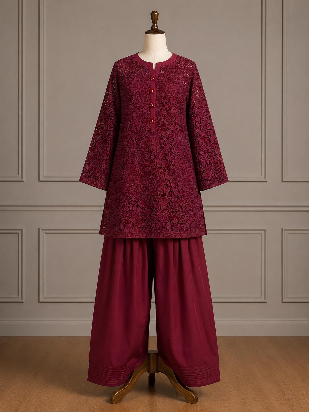 Mahnoor — Plum Schiffli Lace Co-Ord Set