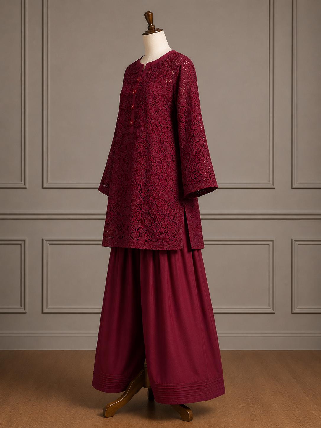 Mahnoor — Plum Schiffli Lace Co-Ord Set