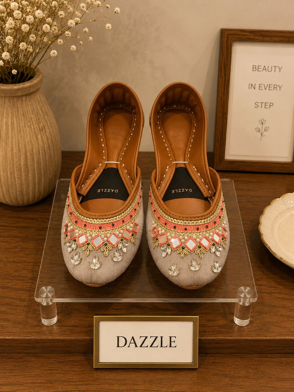Shehnai Khussa — Mirror & Coral Festive Flats