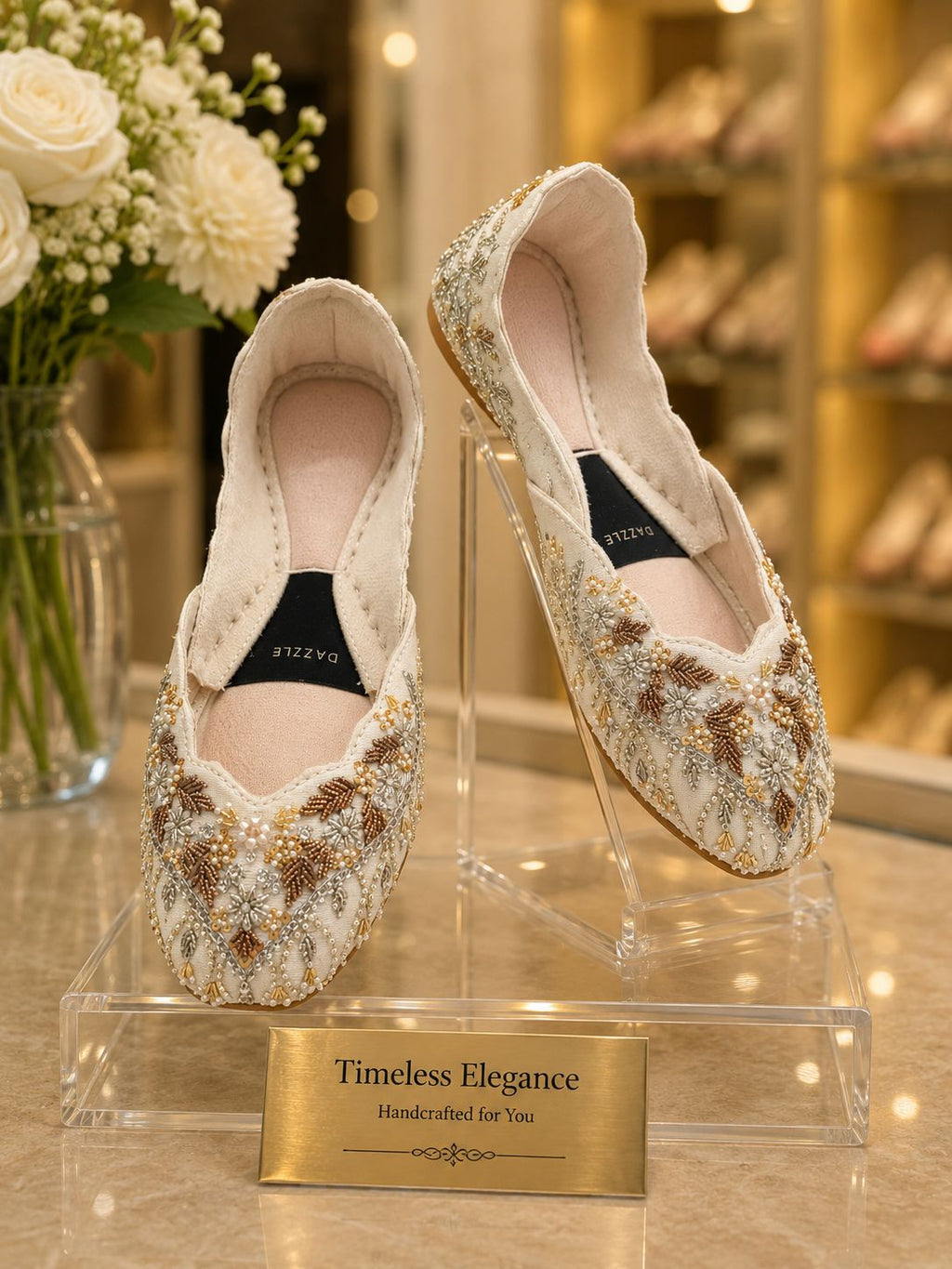 Sunehri Khussa — Antique Gold & Pearl Shaded Flats