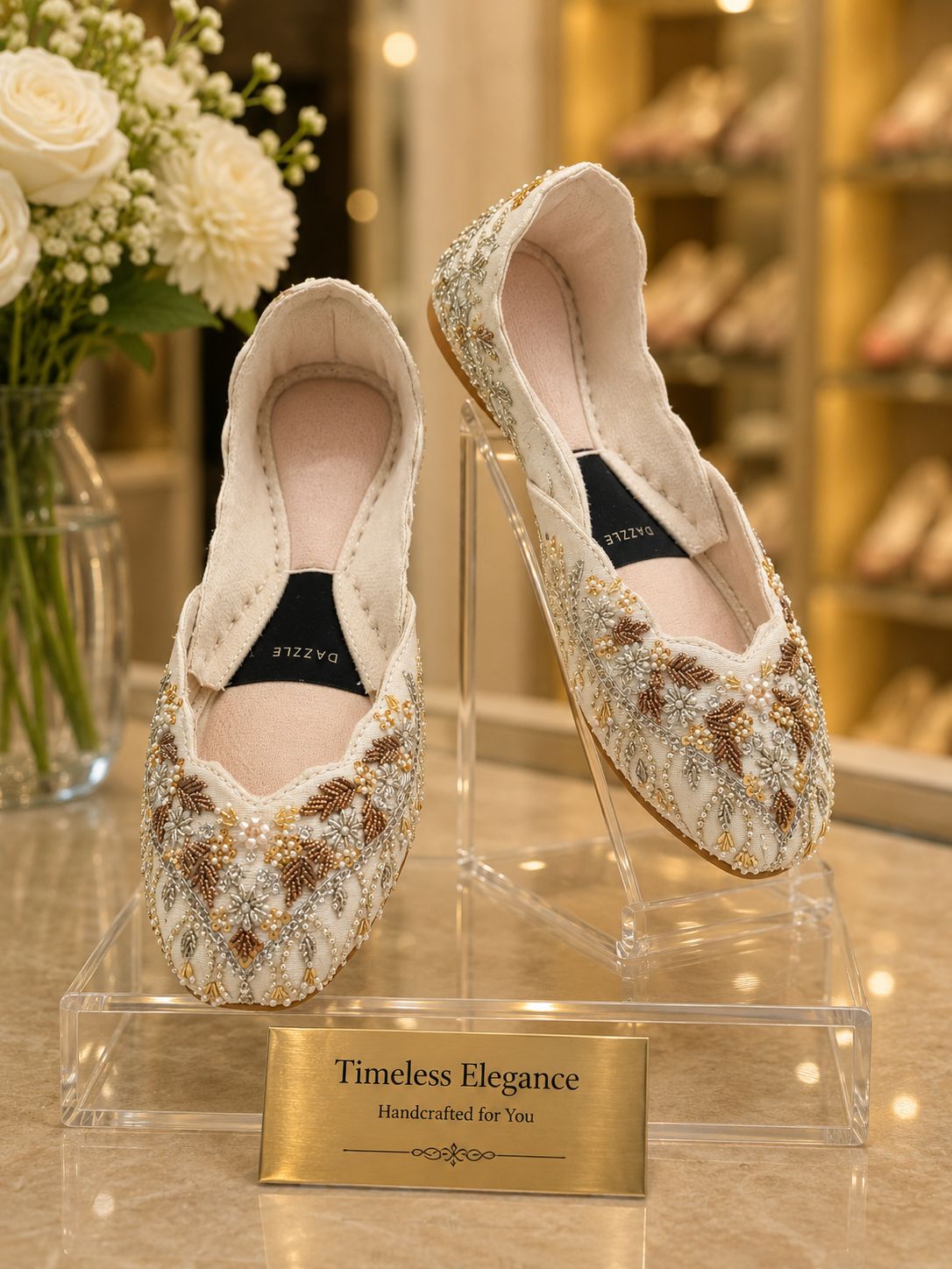 Sunehri Khussa — Antique Gold & Pearl Shaded Flats