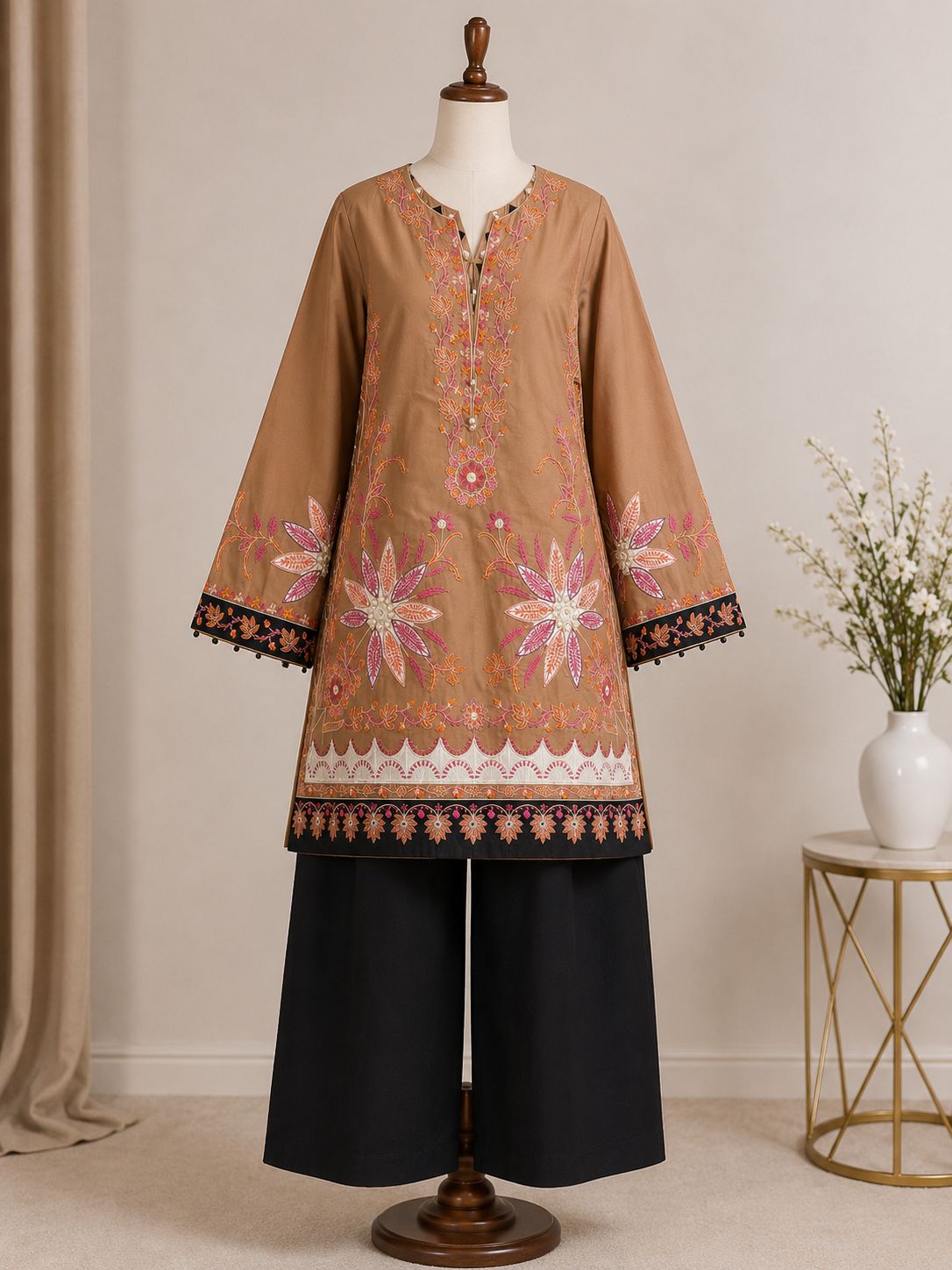 Sitara — Embroidered Terracotta & Black Tunic Set