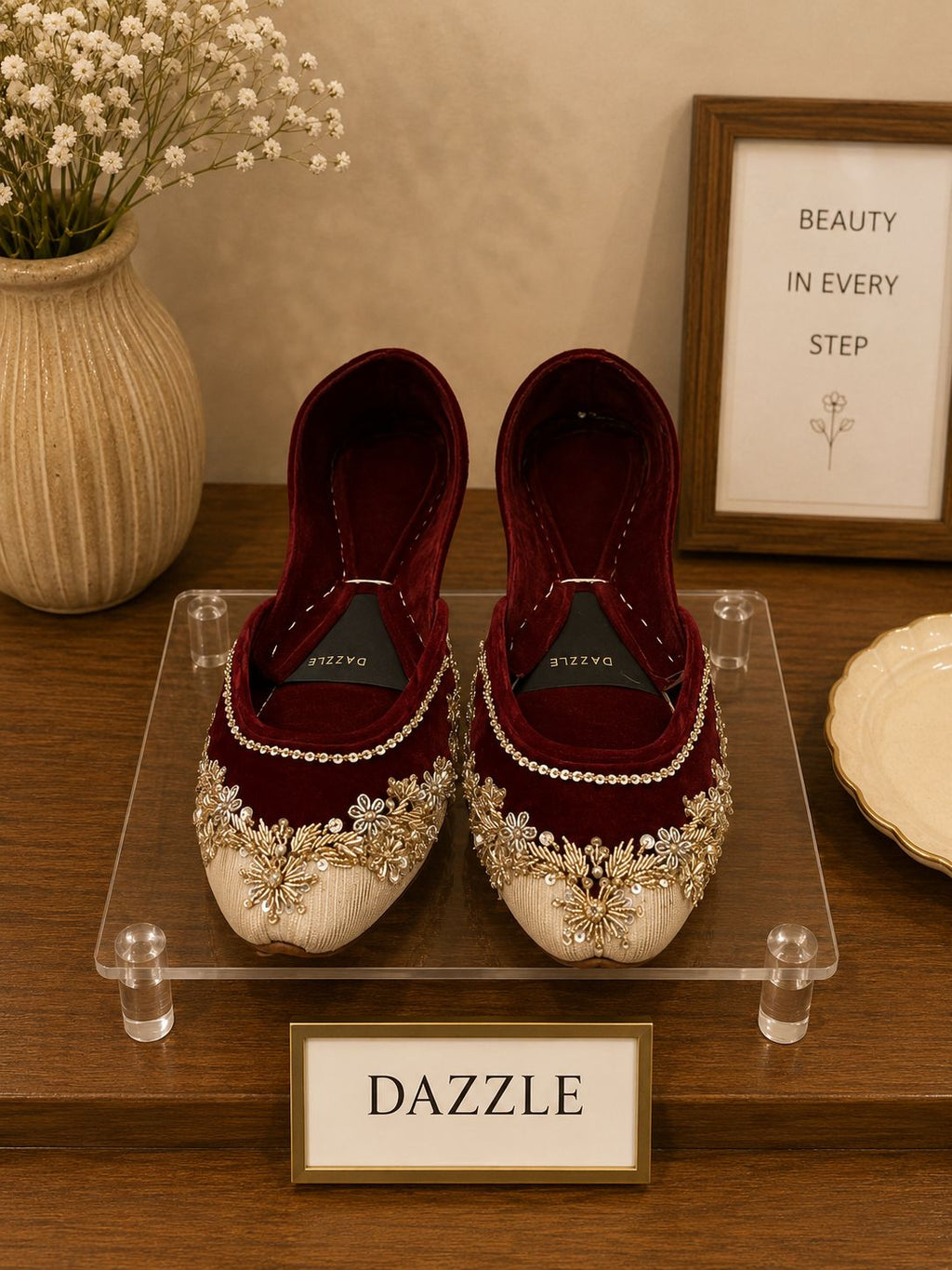 Shehzadi Khussa — Hand-Embellished Maroon & Cream Flats