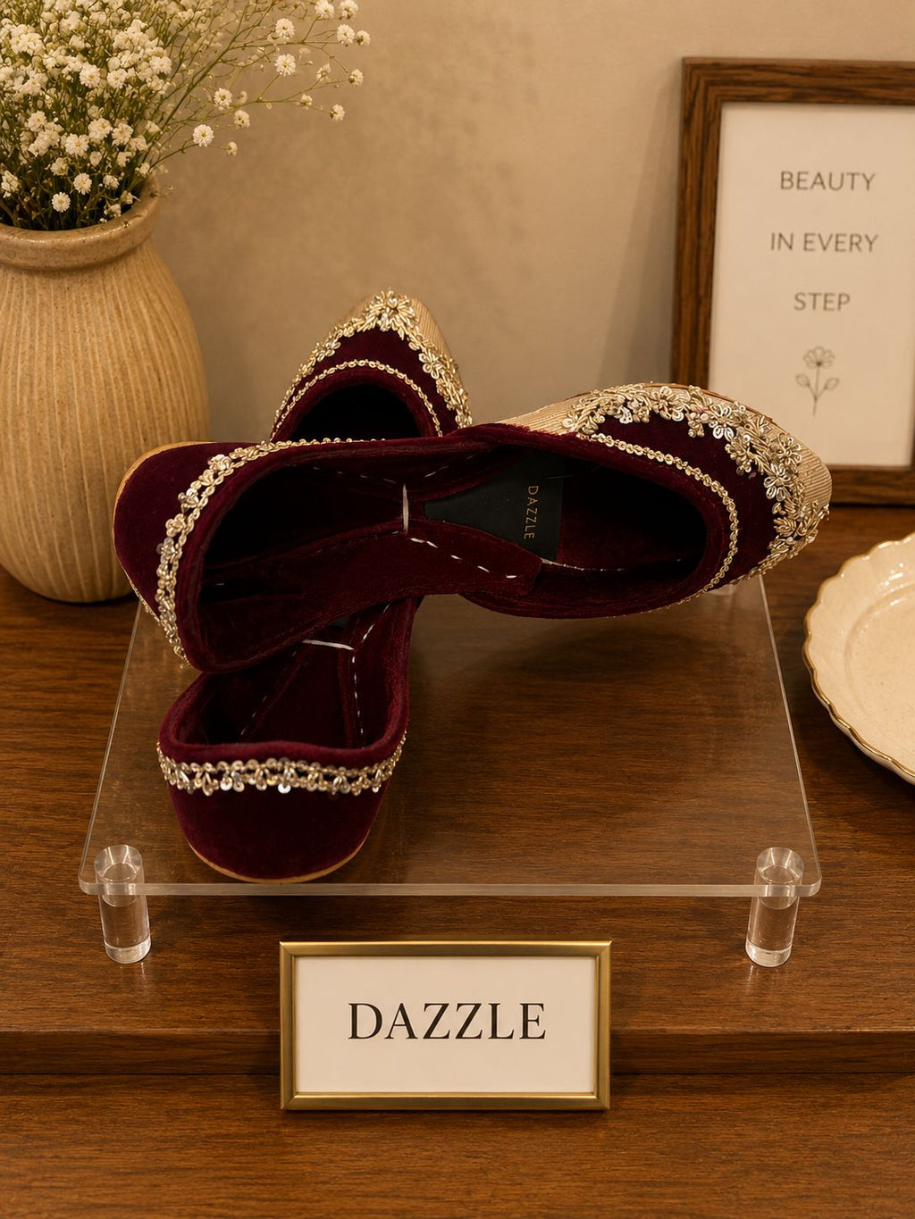 Shehzadi Khussa — Hand-Embellished Maroon & Cream Flats