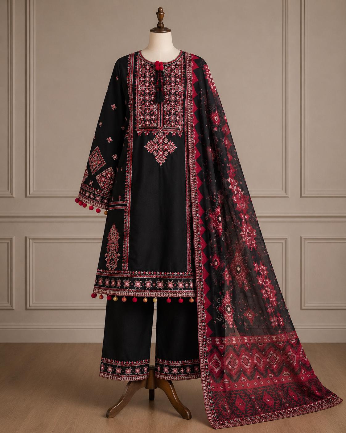 Shabnam — Geometric Embroidered Khaddar Suit