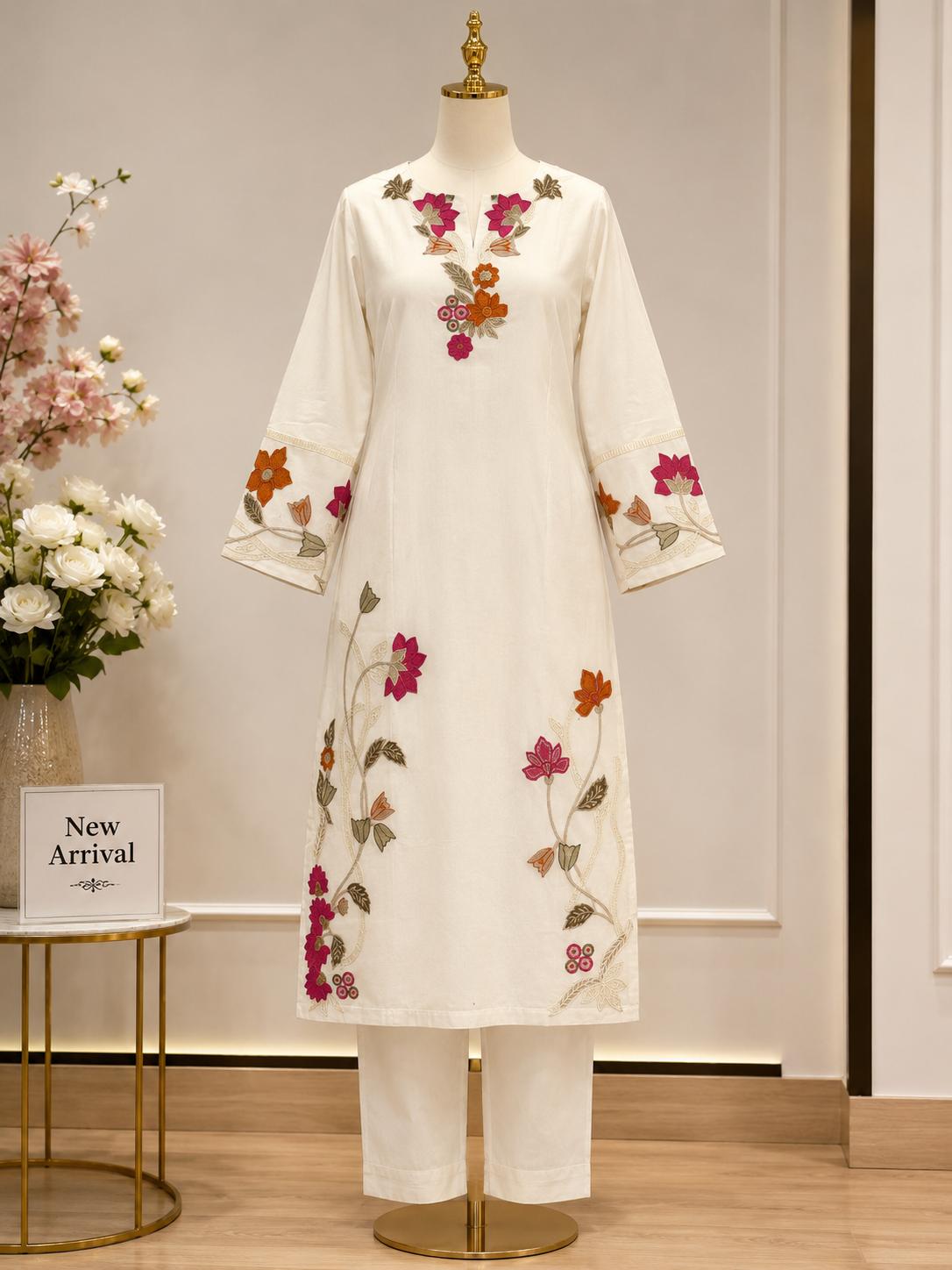 Gulsher — Floral Embroidered Ivory Suit