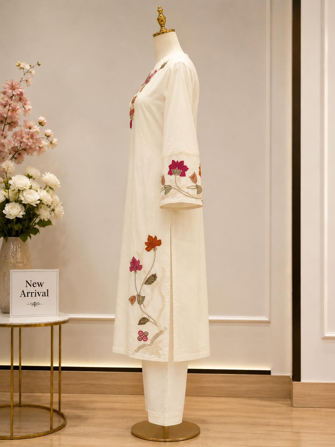 Gulsher — Floral Embroidered Ivory Suit