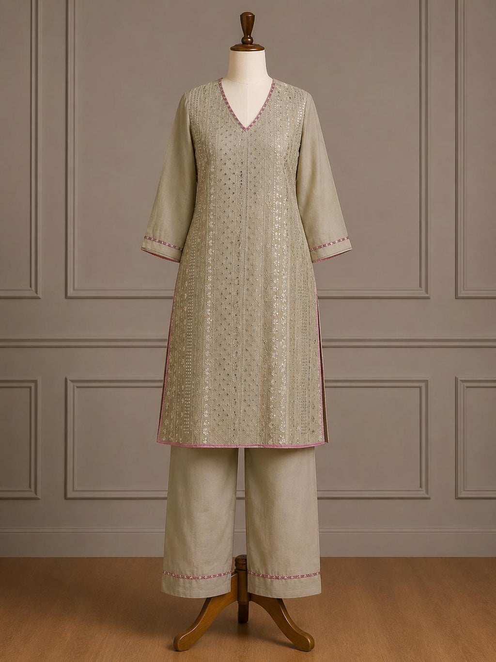 Eshal — Muted Sage Embroidered Linen Suit