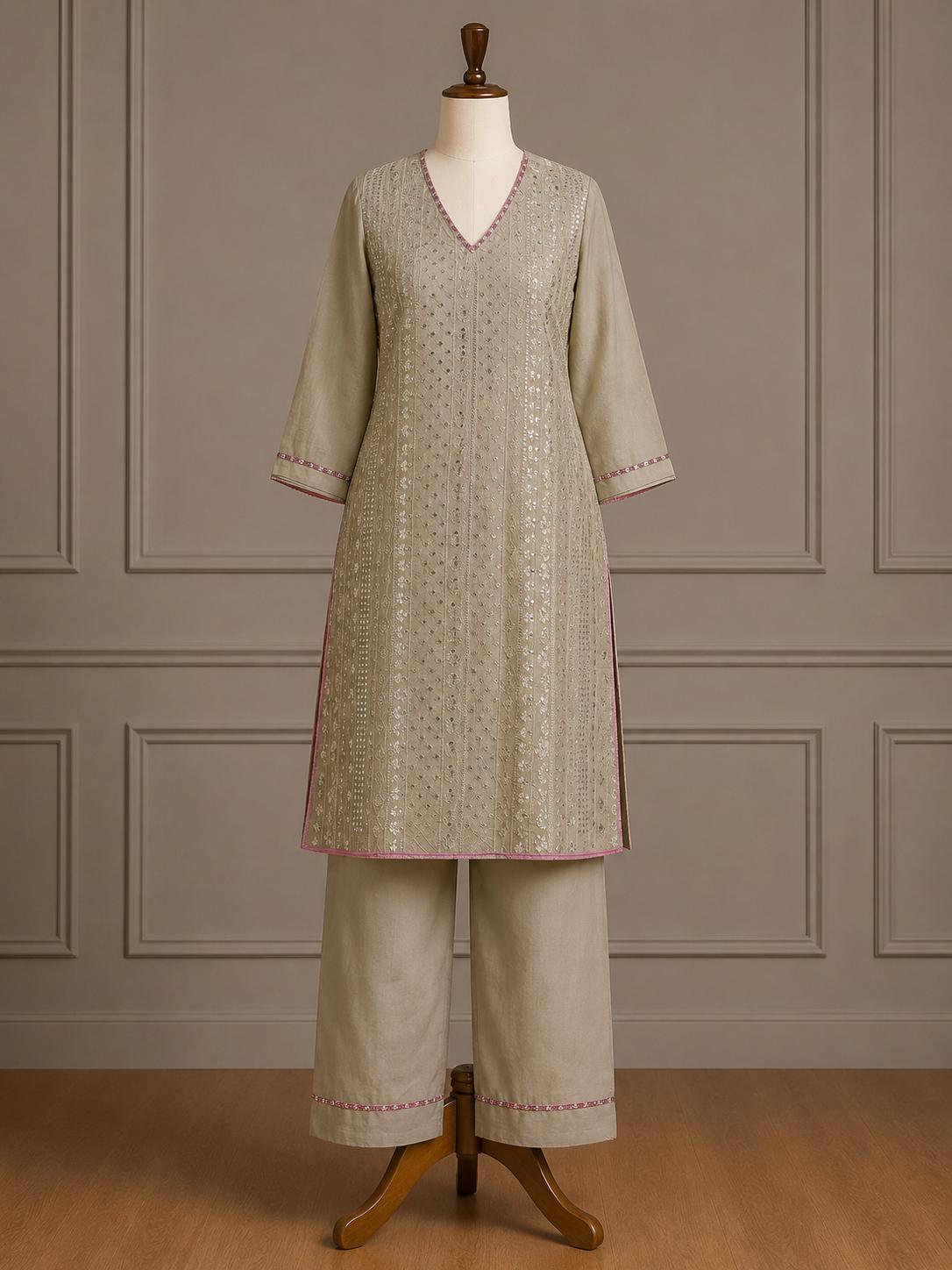 Eshal — Muted Sage Embroidered Linen Suit